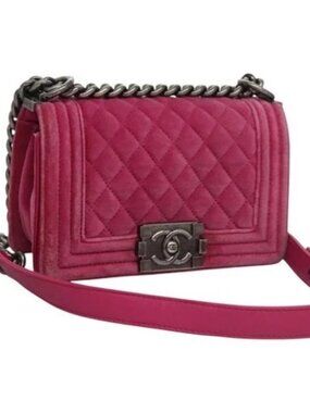 CHANEL Chain Boy Chanel Matelasse Shoulder Bag Velor Pink CC Auth BA245